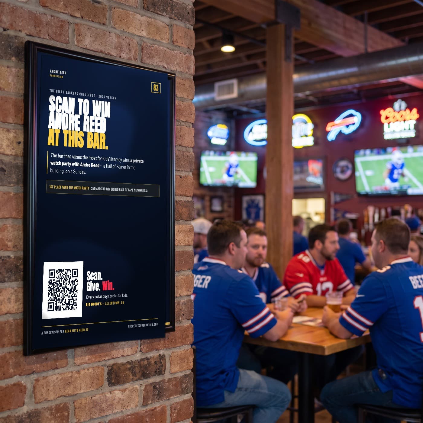 The Bills Backers Challenge poster on the wall of a bar, with a QR code for regulars to scan