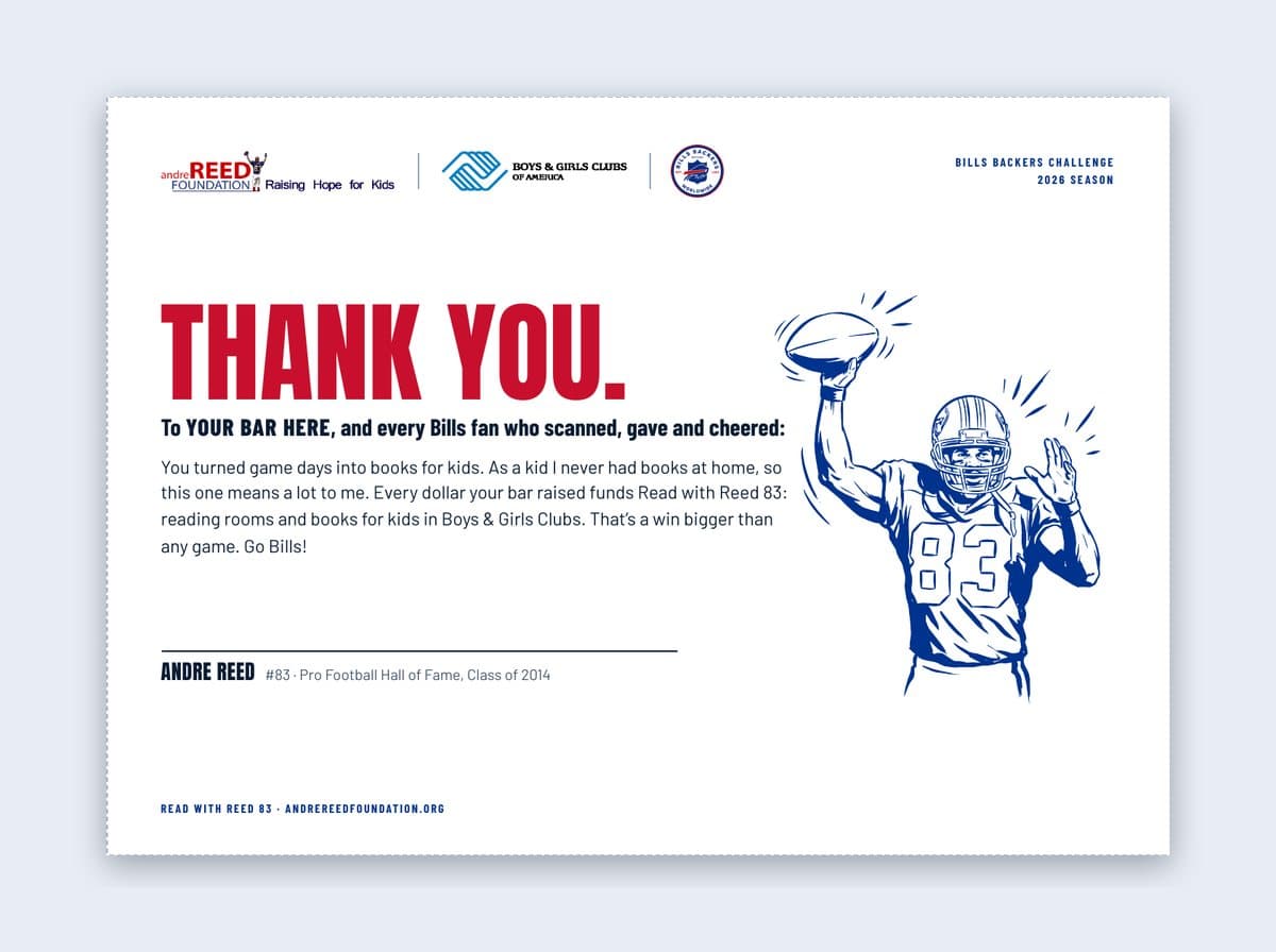 The thank-you card Andre Reed signs for every participating Bills Backers bar