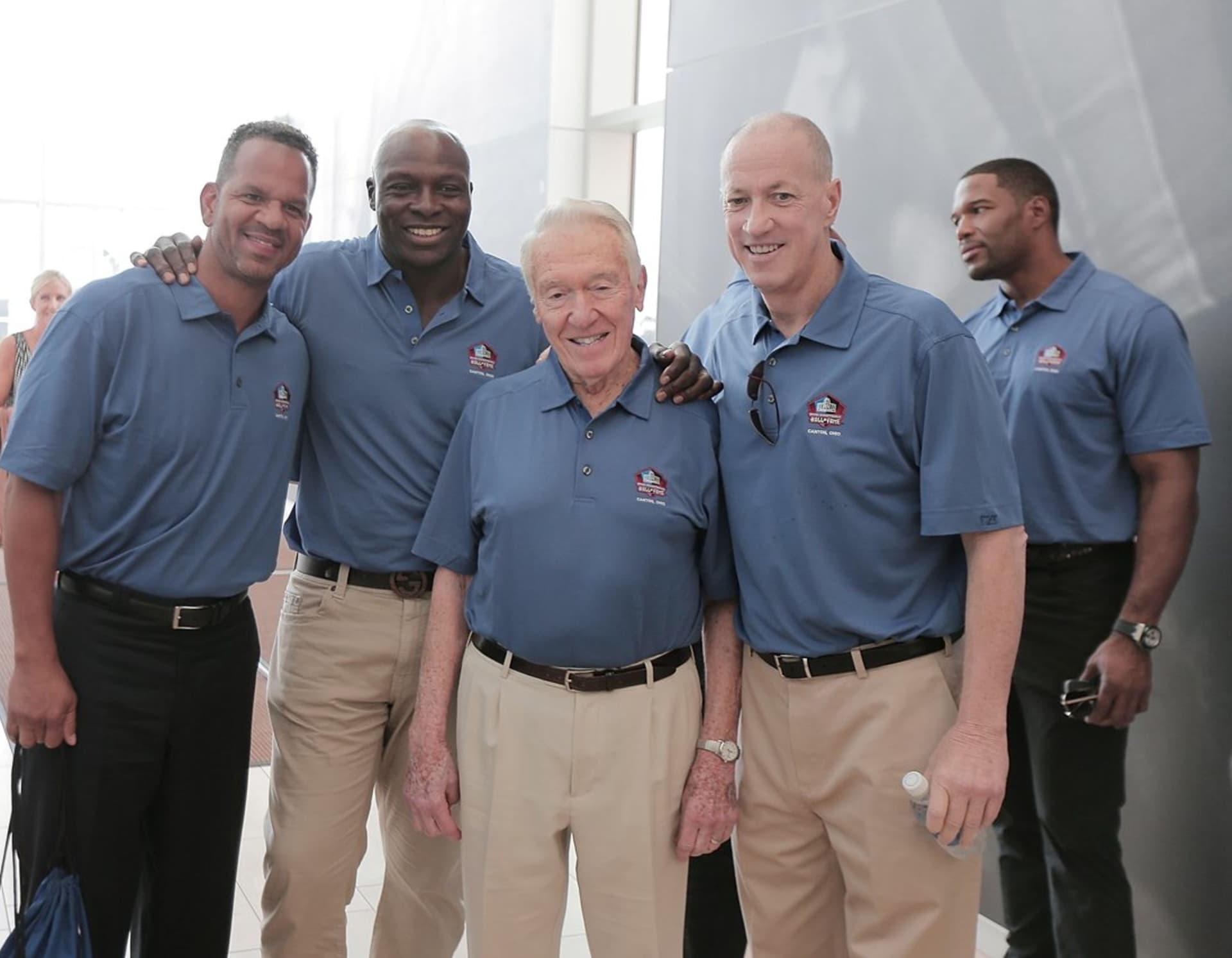 Andre Reed with fellow Hall of Famers Bruce Smith, Jim Kelly and Michael Strahan at his Canton enshrinement