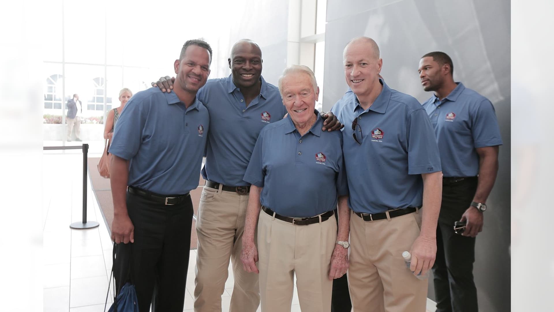 Andre Reed with fellow Hall of Famers Bruce Smith, Jim Kelly and Michael Strahan at his Canton enshrinement