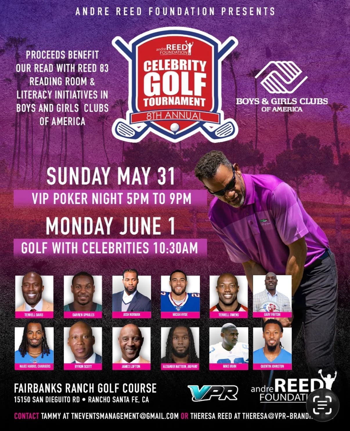 Official 8th Annual Andre Reed Celebrity Golf Tournament flyer — Sunday May 31 VIP Poker Night, Monday June 1 golf at Fairbanks Ranch